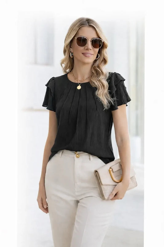 summer pleated business top black professional women commute look
