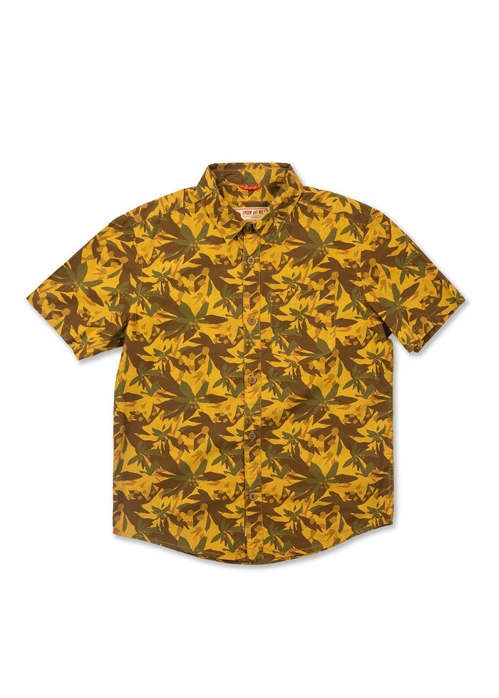 Short-sleeve shirt with a yellow and brown leaf pattern, buttoned front, and collar, laid flat on a white background.