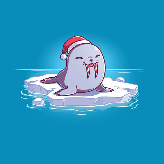 Premium Cotton T-shirt_TeeTurtle cobalt blue Sweet Tooth apparel featuring an illustration of a happy walrus sticking out it's tongue, wearing a Santa hat, and sitting on a floating ice. It's tusks are striped with red and white like candy canes.