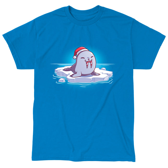 Classic Cotton T-shirt_TeeTurtle sapphire blue Sweet Tooth apparel featuring an illustration of a happy walrus sticking out it's tongue, wearing a Santa hat, and sitting on a floating ice. It's tusks are striped with red and white like candy canes.