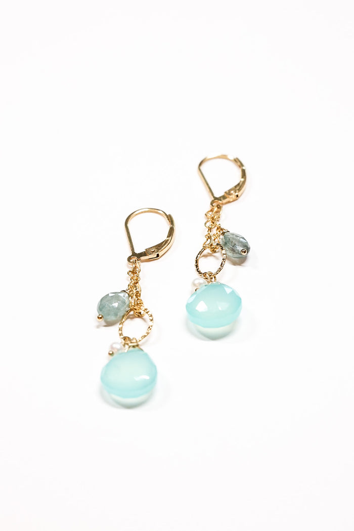 swinging drop peruvian chalcedony, pearl, moss aquamarine gold earrings