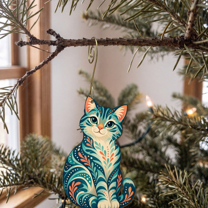 Laser-cut maple wood Tabby Cat folk art ornament O457 hanging on a fir branch, made in USA