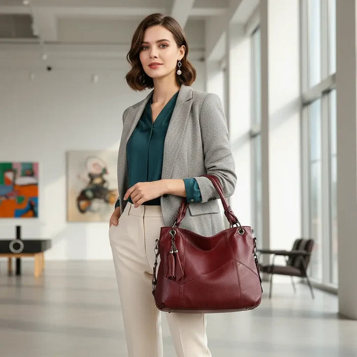 Deep blue retro tassel bucket bag close-up magnetic snap and drawstring luxury feel affordable price