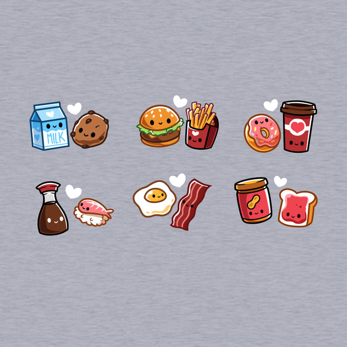 Classic Cotton T-shirt_TeeTurtle heather gray Taste Buddies Classic Cotton T-shirt featuring six pairs of food with smiling faces and a heart between each pair.