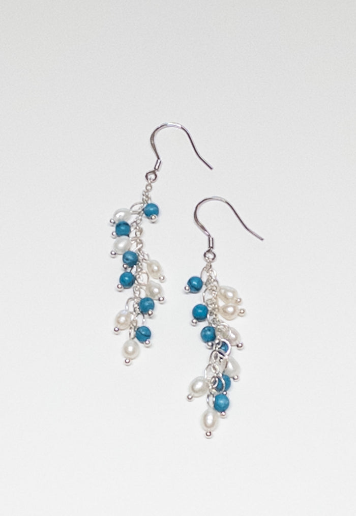 Teal and pearl cluster earrings