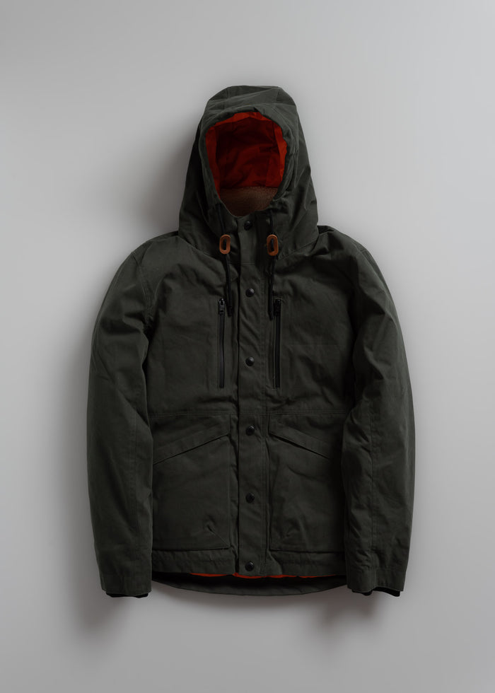 Dark green hooded jacket with orange lining, front pockets, and button closure, displayed on a plain gray background.