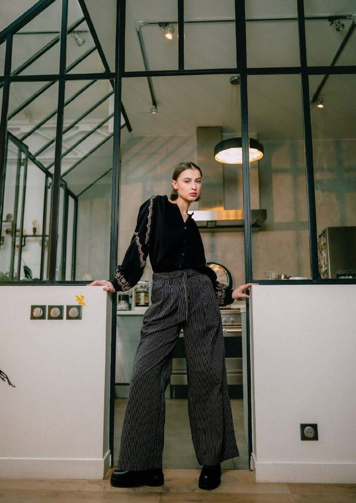 The Korner VALERIE Pants in Black Pinstripe