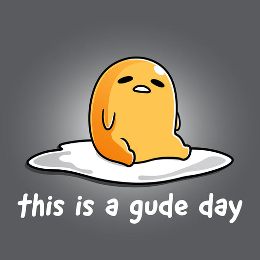 Premium Cotton T-shirt_TeeTurtle charcoal gray This is a Gude Day apparel featuring Gudetama with a tired expression sitting up in the middle of an egg white.