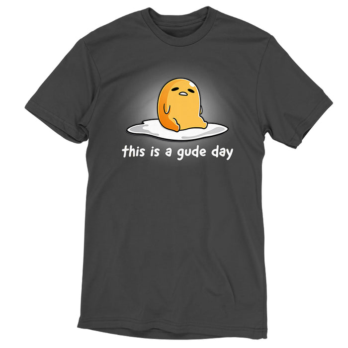 Premium Cotton T-shirt_TeeTurtle charcoal gray This is a Gude Day apparel featuring Gudetama with a tired expression sitting up in the middle of an egg white.