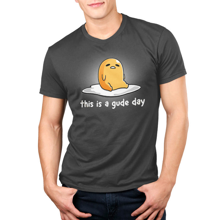 Premium Cotton T-shirt_TeeTurtle charcoal gray This is a Gude Day apparel featuring Gudetama with a tired expression sitting up in the middle of an egg white.