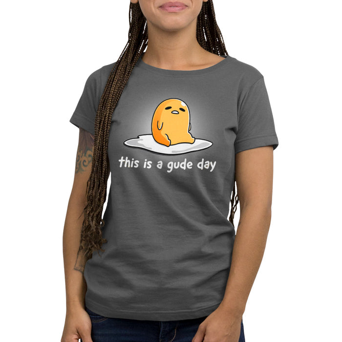 Premium Cotton T-shirt_TeeTurtle charcoal gray This is a Gude Day apparel featuring Gudetama with a tired expression sitting up in the middle of an egg white.