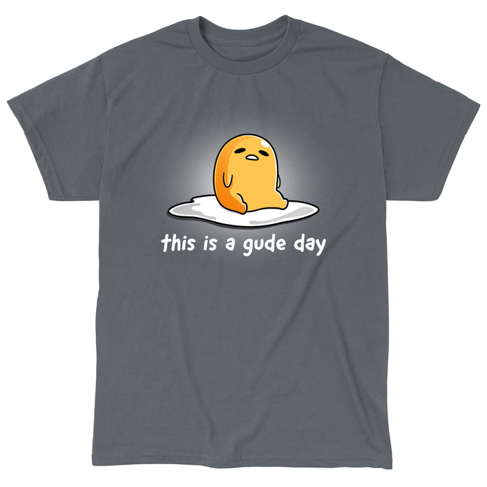 Classic Cotton T-shirt_TeeTurtle charcoal gray This is a Gude Day apparel featuring Gudetama with a tired expression sitting up in the middle of an egg white.