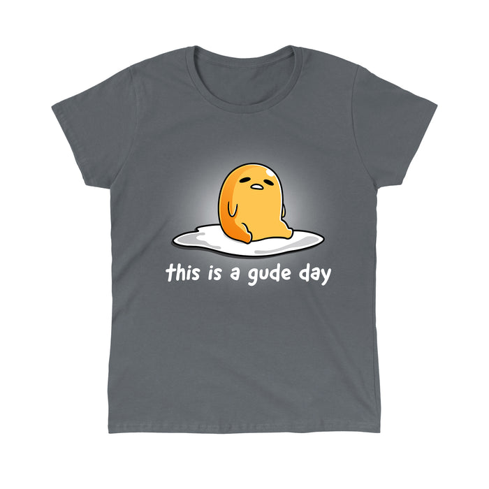 Classic Cotton T-shirt_TeeTurtle charcoal gray This is a Gude Day apparel featuring Gudetama with a tired expression sitting up in the middle of an egg white.