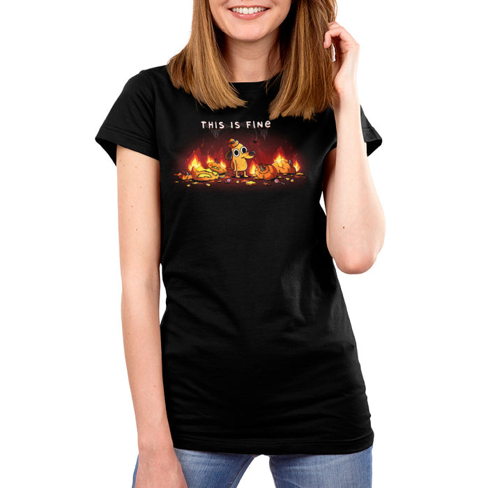 Premium Cotton T-shirt_TeeTurtle black This is Fine (Pumpkins) apparel featuring Question Hound from KC Green surrounded by pumpkins on fire with the caption, “This is Fine“.