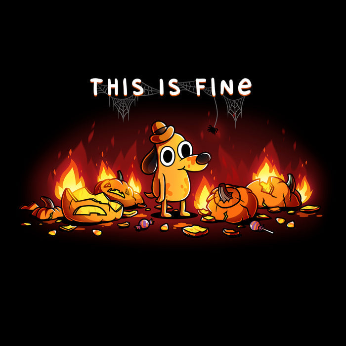 Classic Cotton T-shirt_TeeTurtle black This is Fine (Pumpkins) apparel featuring Question Hound from KC Green surrounded by pumpkins on fire with the caption, “This is Fine“.
