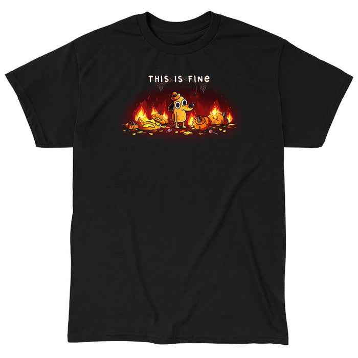 Classic Cotton T-shirt_TeeTurtle black This is Fine (Pumpkins) apparel featuring Question Hound from KC Green surrounded by pumpkins on fire with the caption, “This is Fine“.