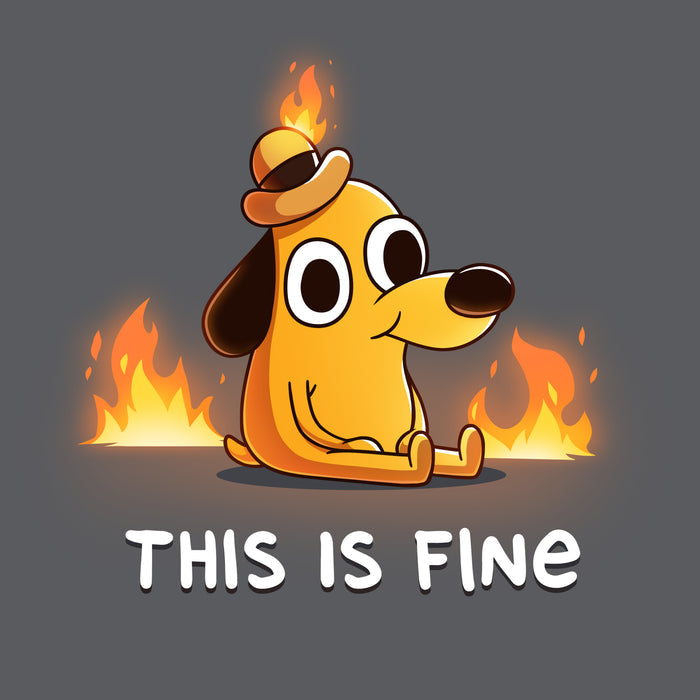 Premium Cotton T-shirt_TeeTurtle charcoal gray This Is Fine (Question Hound) Premium Cotton T-shirt featuring the iconic orange dog with a little hat and a forced smile from KC Green's comics, surrounded by fire, with the words "This Is Fine" below it.