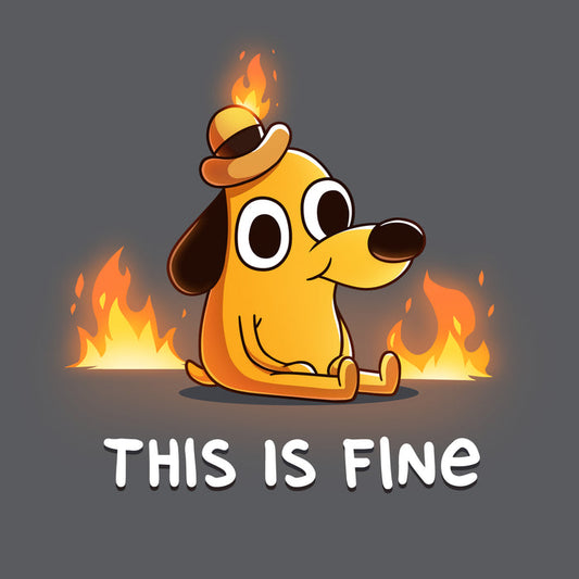 Premium Cotton T-shirt_TeeTurtle charcoal gray This Is Fine (Question Hound) Premium Cotton T-shirt featuring the iconic orange dog with a little hat and a forced smile from KC Green's comics, surrounded by fire, with the words "This Is Fine" below it.