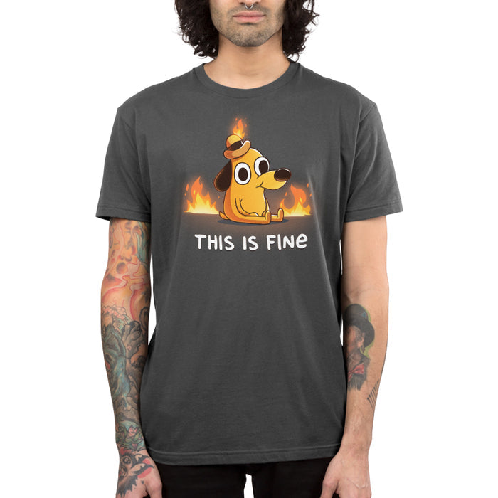 Premium Cotton T-shirt_TeeTurtle charcoal gray This Is Fine (Question Hound) Premium Cotton T-shirt featuring the iconic orange dog with a little hat and a forced smile from KC Green's comics, surrounded by fire, with the words "This Is Fine" below it.