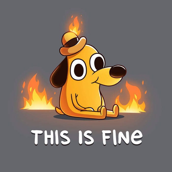 Classic Cotton T-shirt_TeeTurtle charcoal gray This Is Fine (Question Hound) Classic Cotton T-shirt featuring the iconic orange dog with a little hat and a forced smile from KC Green's comics, surrounded by fire, with the words "This Is Fine" below it.
