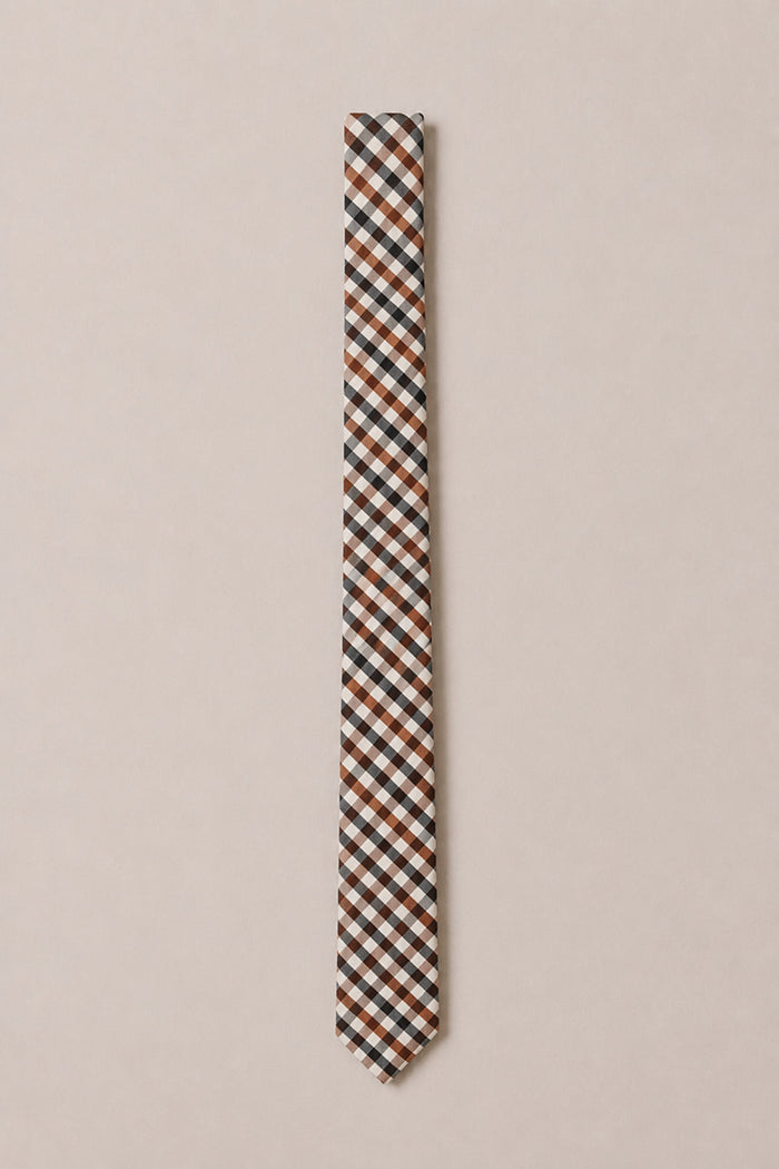 A slim tie by Ivy City Co, the Ties in Chestnut Gingham features a refined plaid design in shades of brown, black, white, and light blue. Presented on a light beige background, this accessory is an ideal choice for weddings and brings sophisticated charm to any formal outfit.