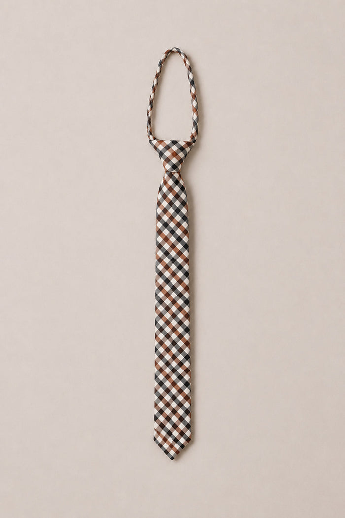 The Ties in Chestnut Gingham by Ivy City Co are showcased on a plain beige background, featuring a checkered pattern in brown, black, and white. This stylish cotton tie is a perfect wedding accessory, bringing classic sophistication to any formal look.