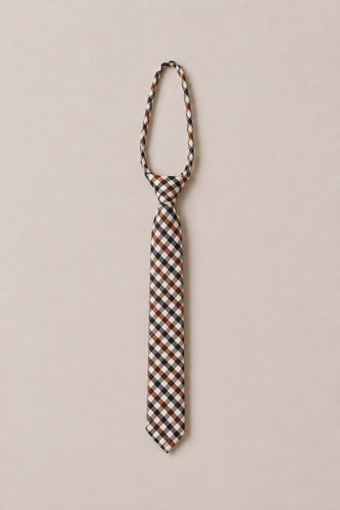 The Ties in Chestnut Gingham by Ivy City Co feature an elegant checkered pattern in brown, black, and white. Made from refined cotton, this neatly tied accessory is displayed against a plain beige background—making it the perfect choice for weddings.