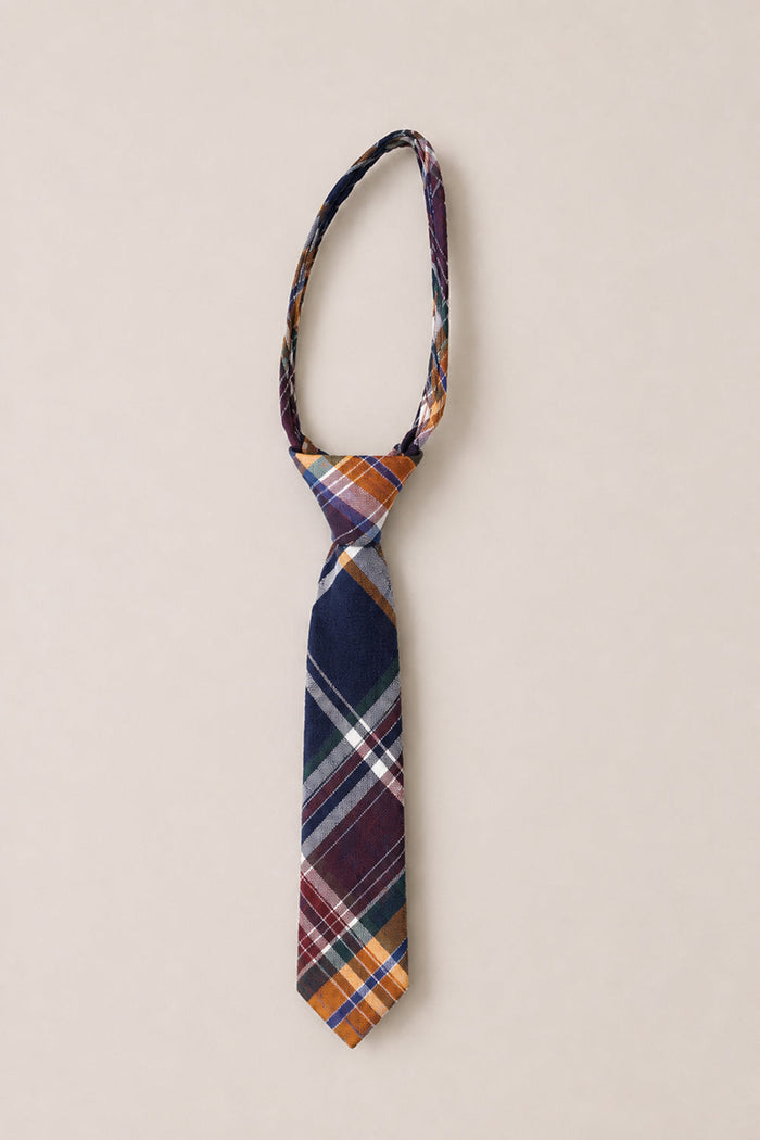 The Ties in Midnight Plaid by Ivy City Co—a cotton necktie featuring a pattern of blue, orange, white, and burgundy stripes—appears knotted in a loop against a plain beige background. This stylish accessory is the perfect way to add sophistication to family photos.