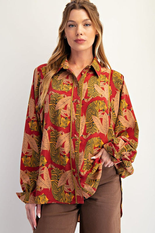 TINA TIGER PRINTED BLOUSE, CHERRY WOOD