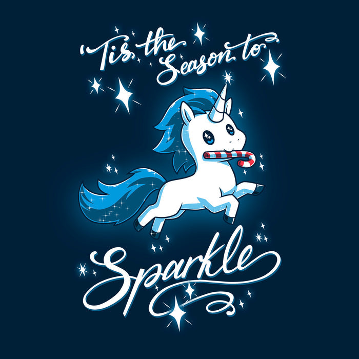 Classic Cotton T-shirt_TeeTurtle navy blue 'Tis The Season To Sparkle apparel featuring a leaping unicorn with a candy cane in its mouth surrounded by sparkles, with the caption, “'Tis The Season To Sparkle“.