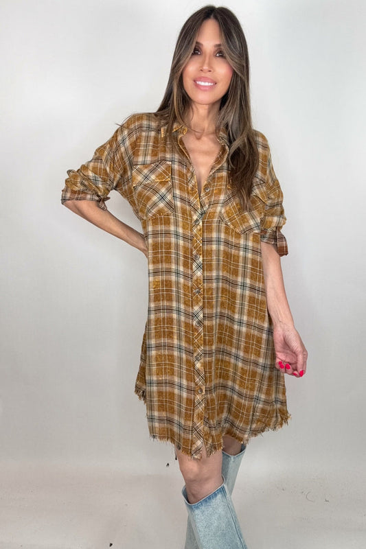 Style the Toffee Washed Plaid Shirt Dress exclusively at Born To Glam