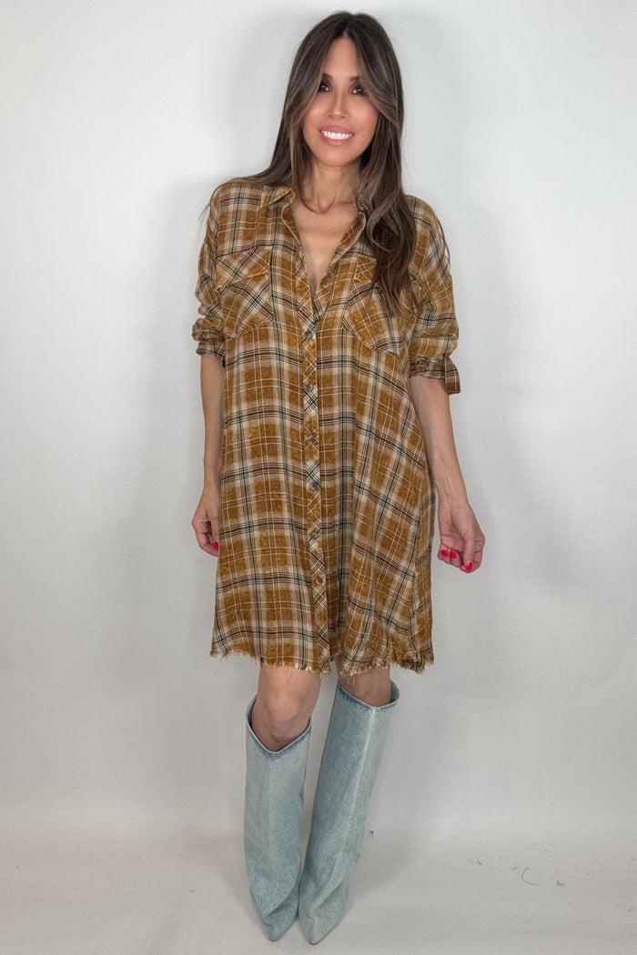 Style the Toffee Washed Plaid Shirt Dress exclusively at Born To Glam