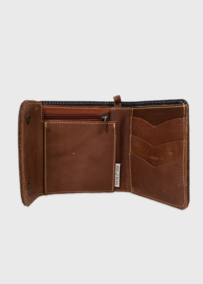 Open brown leather wallet with card slots and a zippered pocket, showcasing its spacious, organized interior on a plain background.