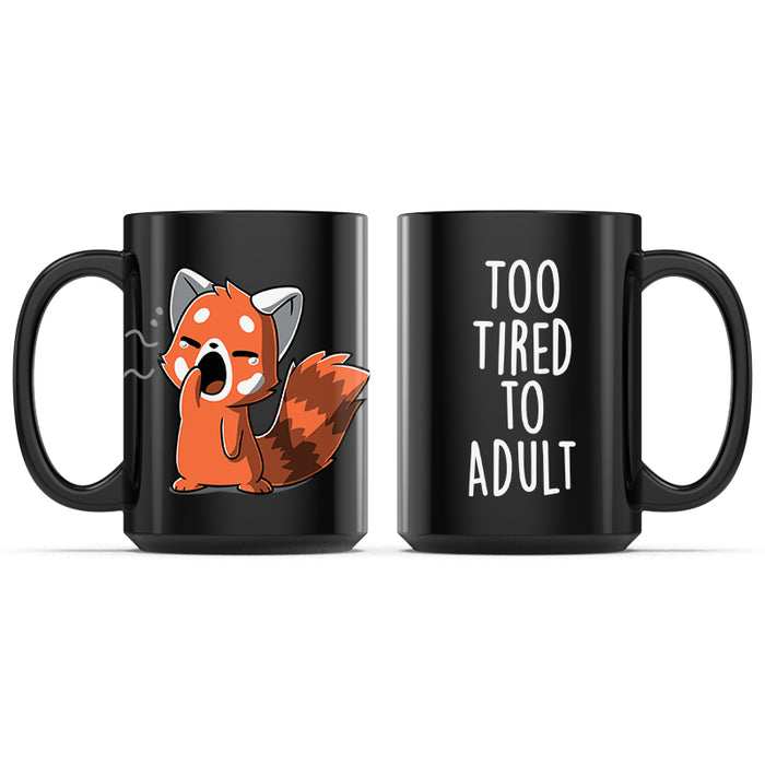 Ceramic Mug_TeeTurtle Too Tired To Adult black mug featuring a yawning red panda.