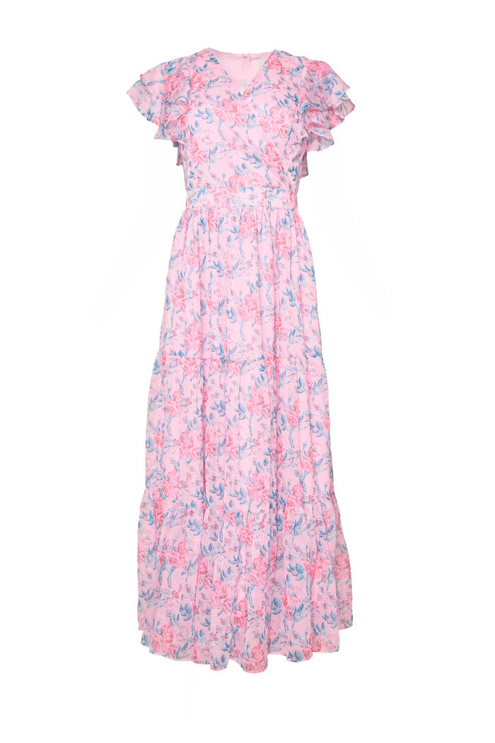 The Ivy City Co Trixie Dress in Pink Sketched Flower Chiffon features a v-neckline, short ruffled sleeves, fitted waist, and a tiered skirt—an ideal romantic choice for summer weddings.