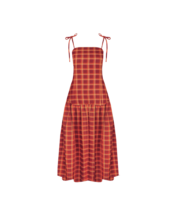 TRULLI MAXI DRESS BURGUNDY ORANGE TARTAN