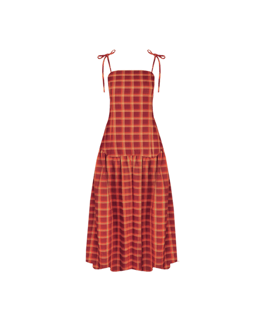 TRULLI MAXI DRESS BURGUNDY ORANGE TARTAN