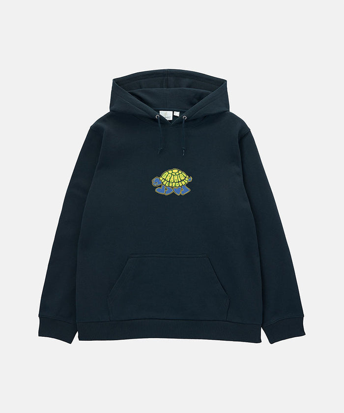 Gramicci vintage black Turtle Hooded Sweatshirt with turtle graphic against a light tone background.