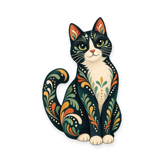 Tuxedo Cat folk art ornament O459 on white, laser-cut maple wood, made in USA