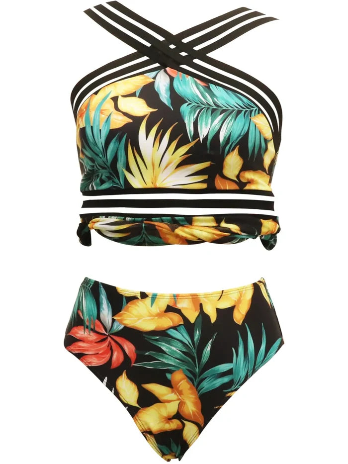 Women's printed two-piece swimsuit with a crisscross cutout shape, displayed clearly for summer outfit planning at PrintOne1.