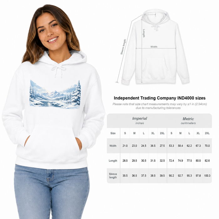 Unisex heavyweight white hoodie size chart with model and S to 2XL garment measurements in inches and centimeters