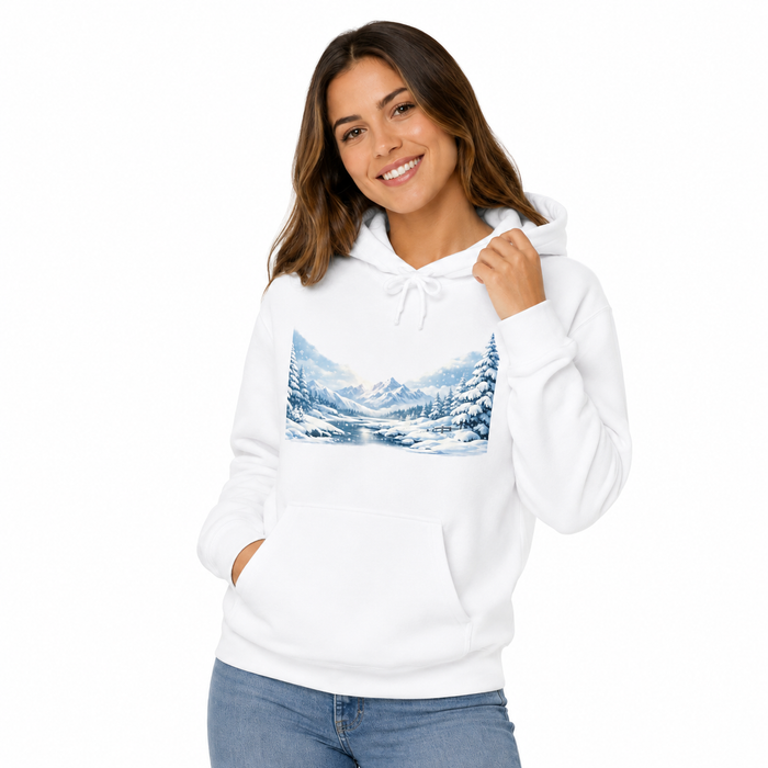 Woman modeling the unisex heavyweight white hoodie in a three-quarter studio pose with winter landscape chest print visible