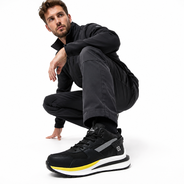 Durable industrial work shoe with textured sole and low-top ankle profile