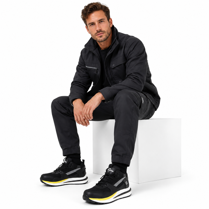 Pair of black protective work sneakers styled for warehouse and construction use