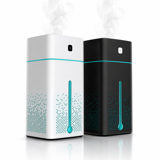 Humidifier with LED light creating a soft night lamp effect in a calm room