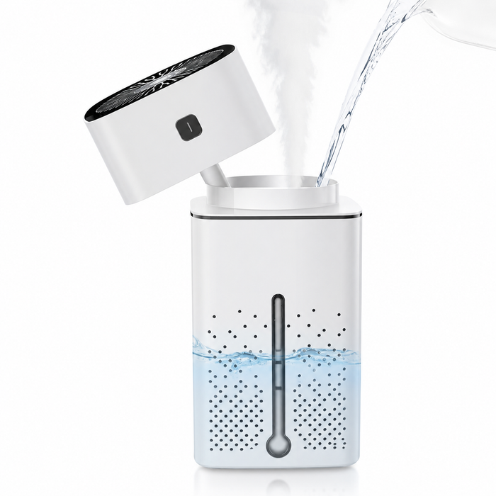 White 1000ml humidifier with USB cable and minimalist lifestyle setting