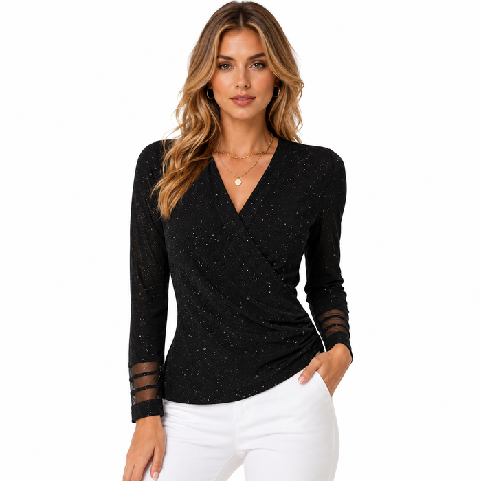 V Neck Mesh Tops for Women Cross Wrap Long Sleeve Style