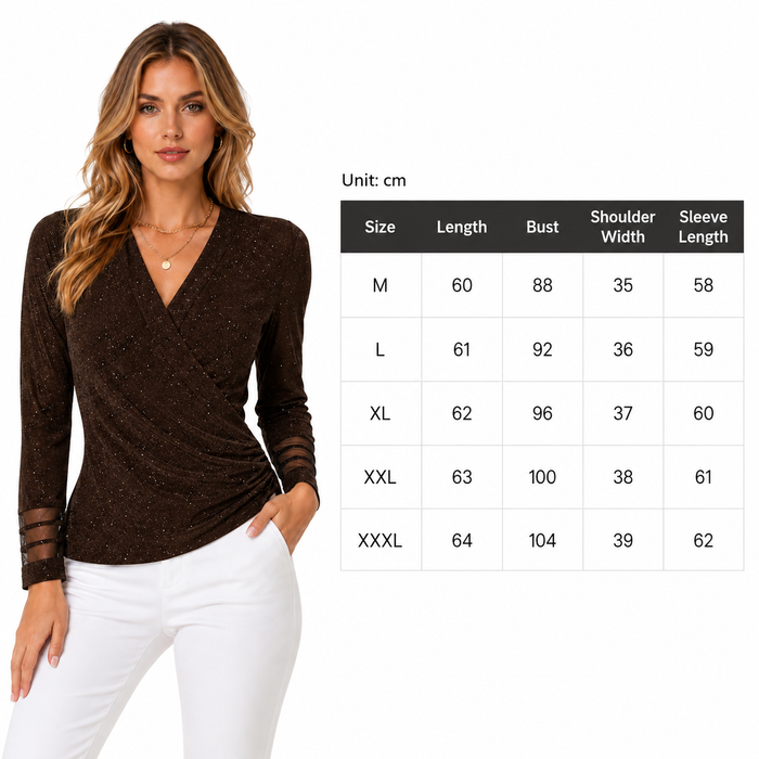 V Neck Mesh Tops for Women Cross Wrap Long Sleeve Style