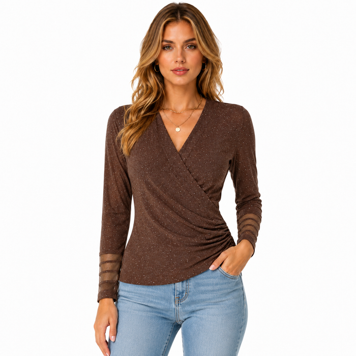 V Neck Mesh Tops for Women Cross Wrap Long Sleeve Style