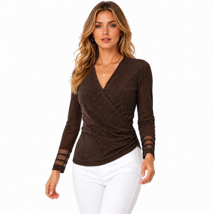 V Neck Mesh Tops for Women Cross Wrap Long Sleeve Style
